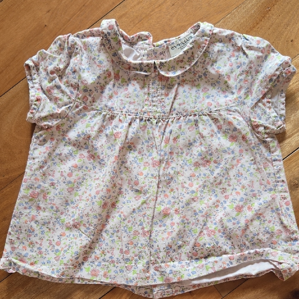 Cyrillus Pink and Green Floral Blouse with Puff Sleeves
